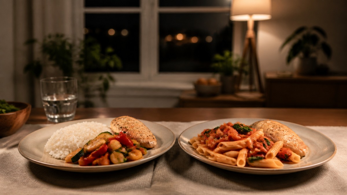 Dos platos para la cena, uno con arroz y otro con fideos, acompañados con verduras
